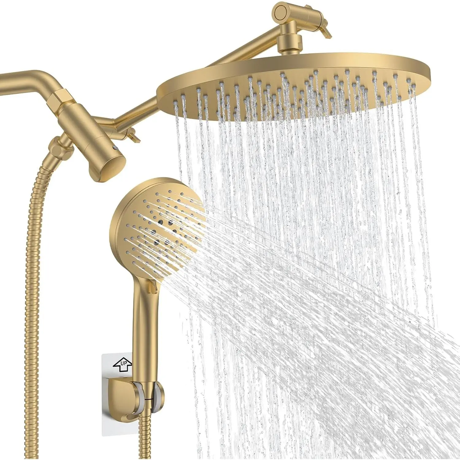 Brushed Gold 10 in Rain Shower Head Replacement Kit - High-Pressure 3-Mode Handheld Showerhead, All-Metal Adjustable Arm, 3-Way Diverter