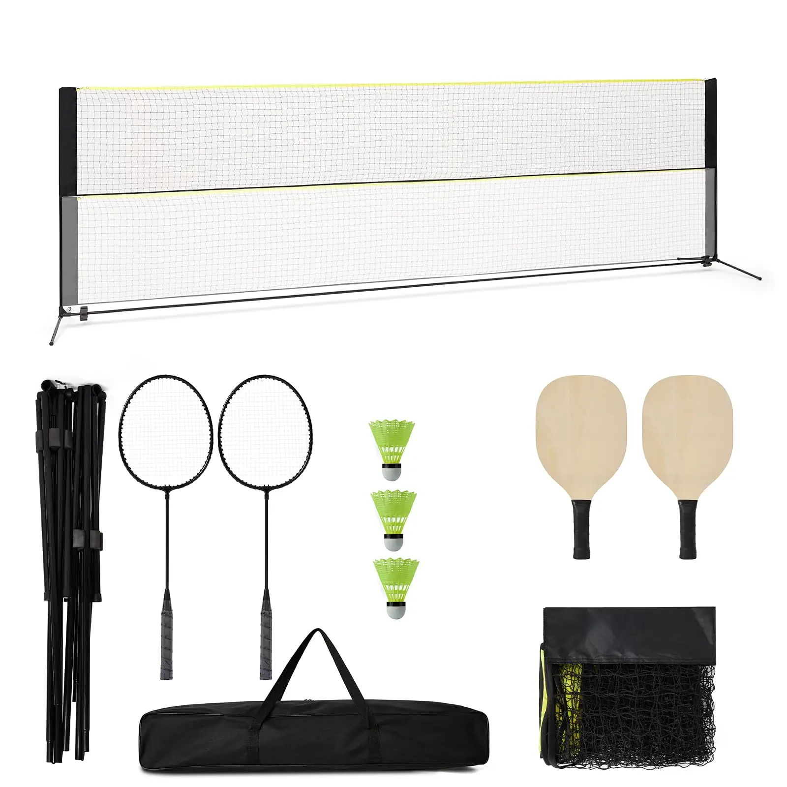 16.7ft 2-in-1 Pickleball & Badminton Net Combo Set, Adjustable Height 3.5-5.1ft, Complete Outdoor Sports Game Kit with 4 Paddles, 3 Balls, Portable Carry Bag, Tool-Free Quick Setup for Indoor Backyard, Park, Camping & Recreational Competitive Sports