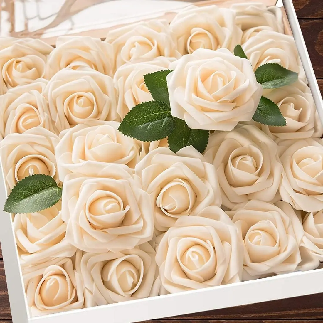 9" Total Height Waterproof Reusable Fade Resistant Universal Foam Roses - 50pcs Artificial Flowers with Stems, Lifelike Fake Florals for Wedding Bouquets, Home Centerpieces, DIY Arrangements (Champagne), Water Proof, Weighted Base