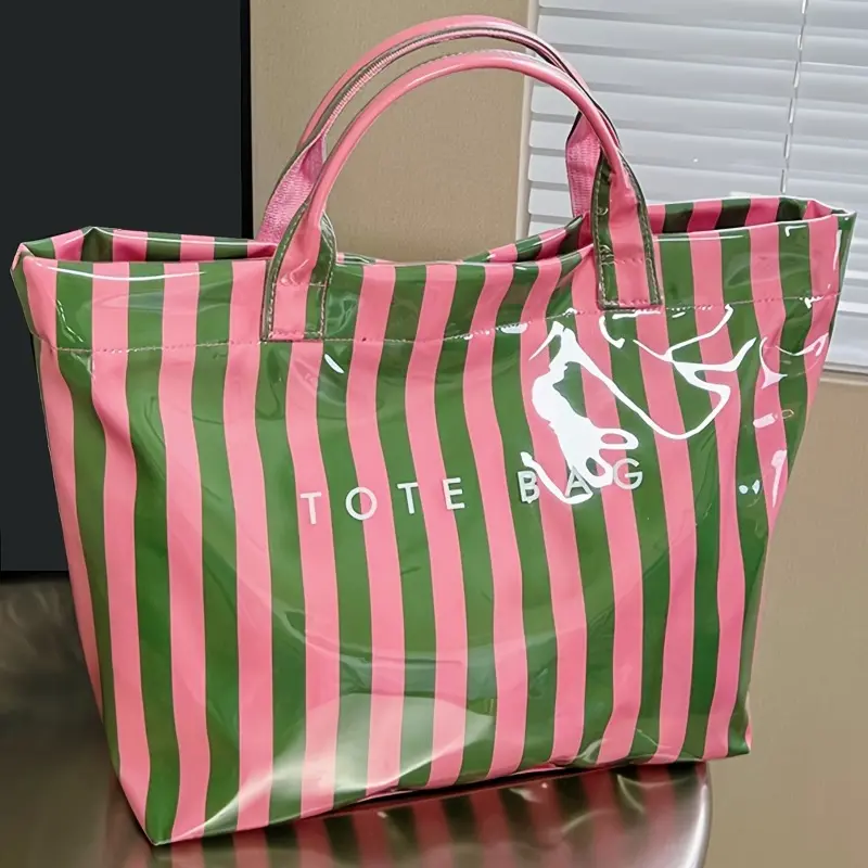Striped Large Capacity Makeup Bag, Waterproof Glossy PVC Handbag with Contrast Letter Print, Portable Cosmetic & Wash Bag for Travel & Students, Patterned Bag