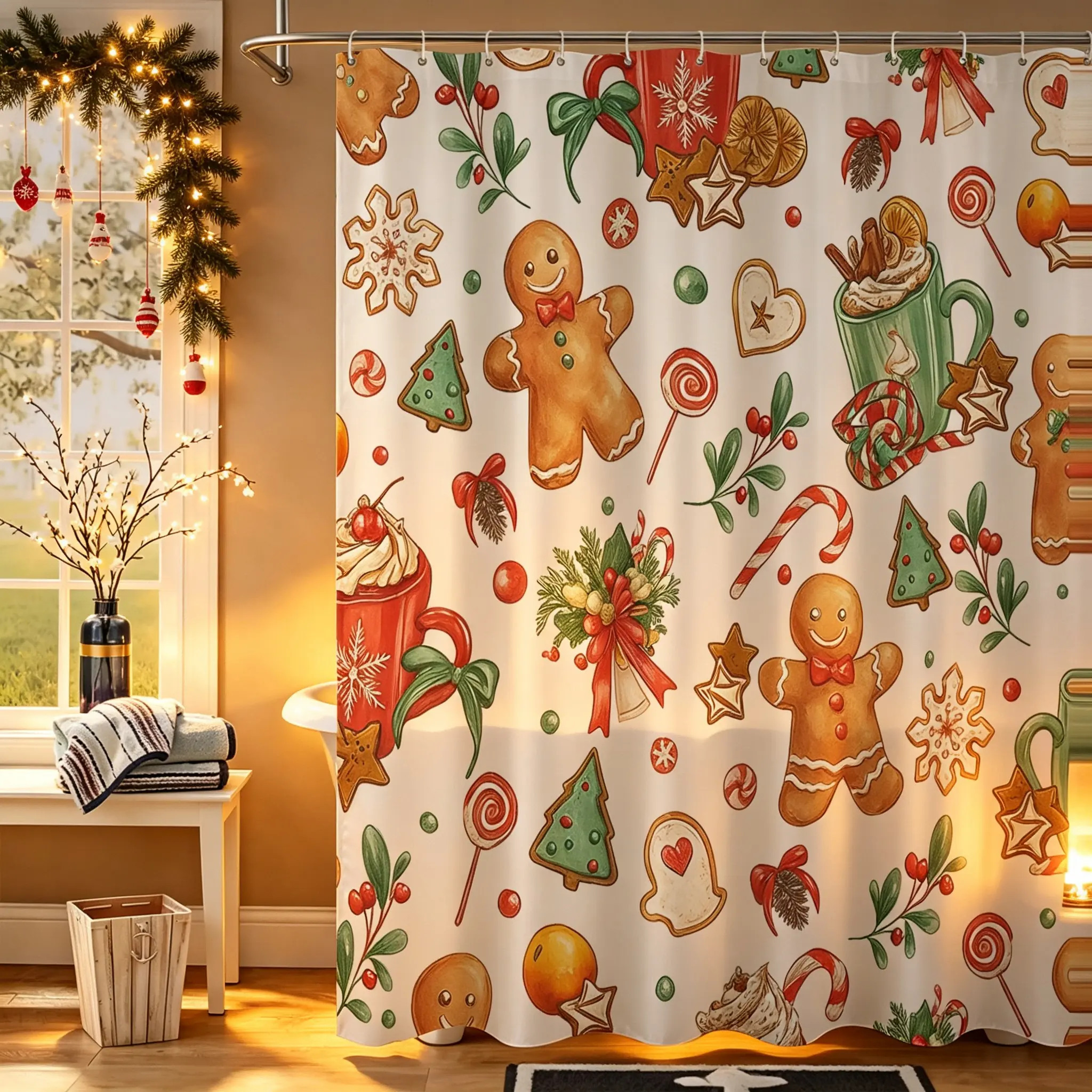 1Pc Christmas Gingerbread Cookie Print Shower Curtain, 72 Inches Long Polyester with Hooks for Holiday‑Loving Adults. Waterproof Bath Accessories, Machine Washable Curtains for Home Bathroom, Creates Warm Festive Christmas Holiday Vibe