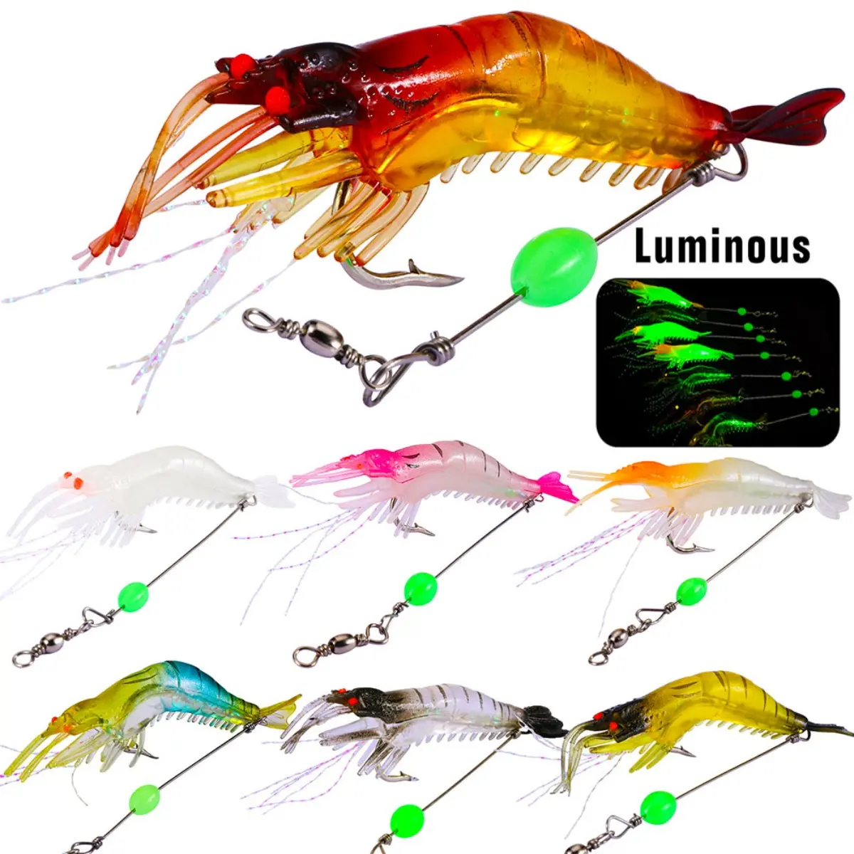 Luminous Fishing Lure with Hooks Soft Shrimp 7Pcs Artificial Silicone Lure with Hooks Rotates Lures Set Fishing Equipment