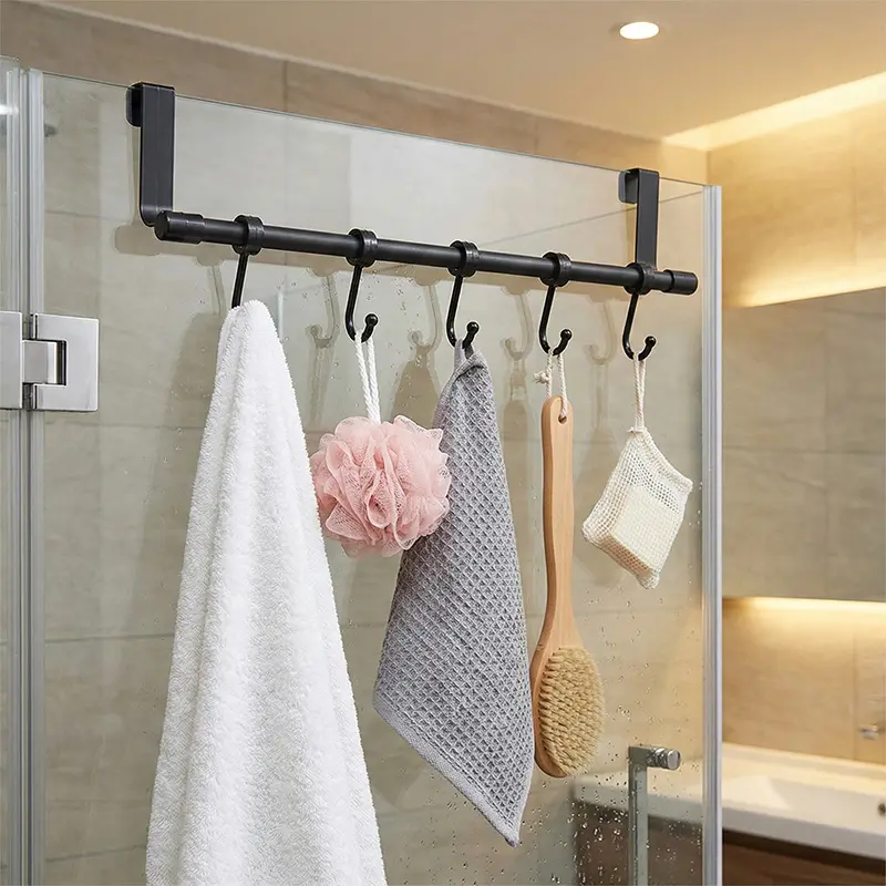 1pc door hanging hook, kitchen cabinet door hanging rod with auxiliary hook, home storage hook for towels and clothes, detachable without drilling installation, simple black design suitable for multifunctional hanging spaces in entrances, corridors,