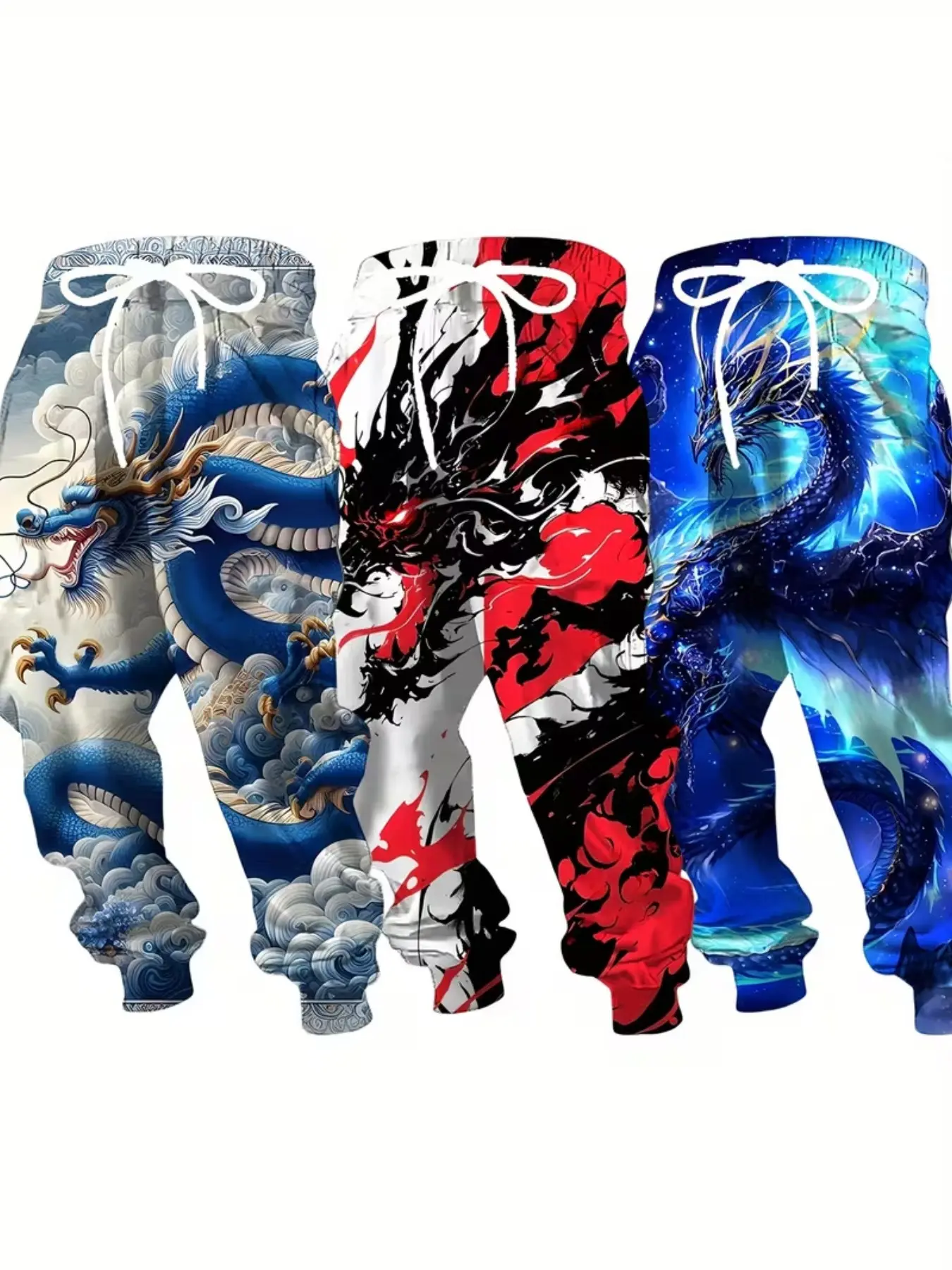 3-Piece Set Cultural Traditional Dragon Digital Print Knit Sweatpants, Blue Cloud Dragon Ink Dragon Starry Sky, Casual Ankle-Length Long Pants for Men