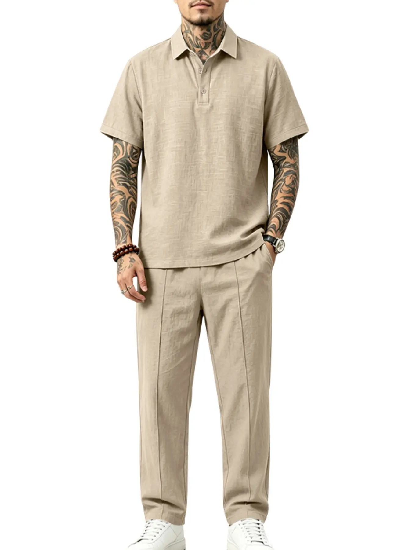Men's Linen Two-Piece Set, Short Sleeve Stand Collar Shirt + Drawstring Pants, Breathable Lightweight Summer, Casual Beach Wear Outfit Clothes