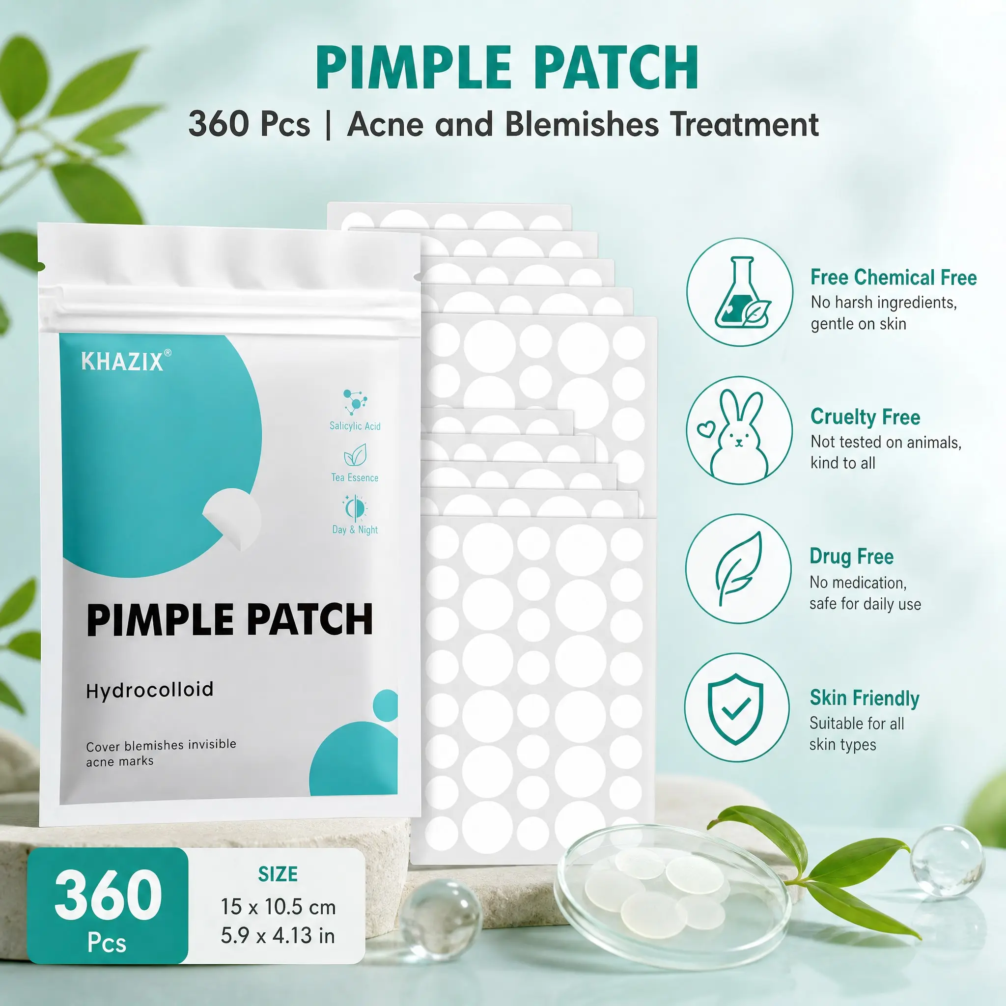 360pcs, Pimple Patches for Face, Acne Spot, Whitehead Remover, Hydrocolloid Acne Patches, Zits Absorbing Stickers, Tea Tree oil & Salicylic Acid, Invisible Blemish Cover, Gentle for Sensitive Skin, Daily Facial Care