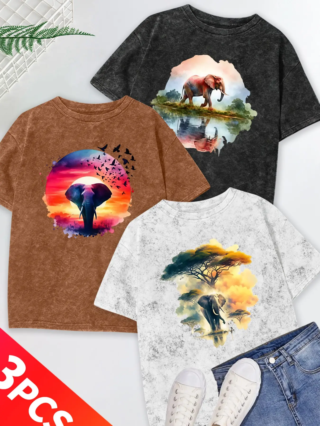 3Pcs Women Washed Crew Neck T-Shirt, Watercolor Wildlife Print Elephants & Savanna Sunset Landscape, Multi-color Available, Machine Washable, Soft Skin-friendly Spring Summer Daily Stylish Top