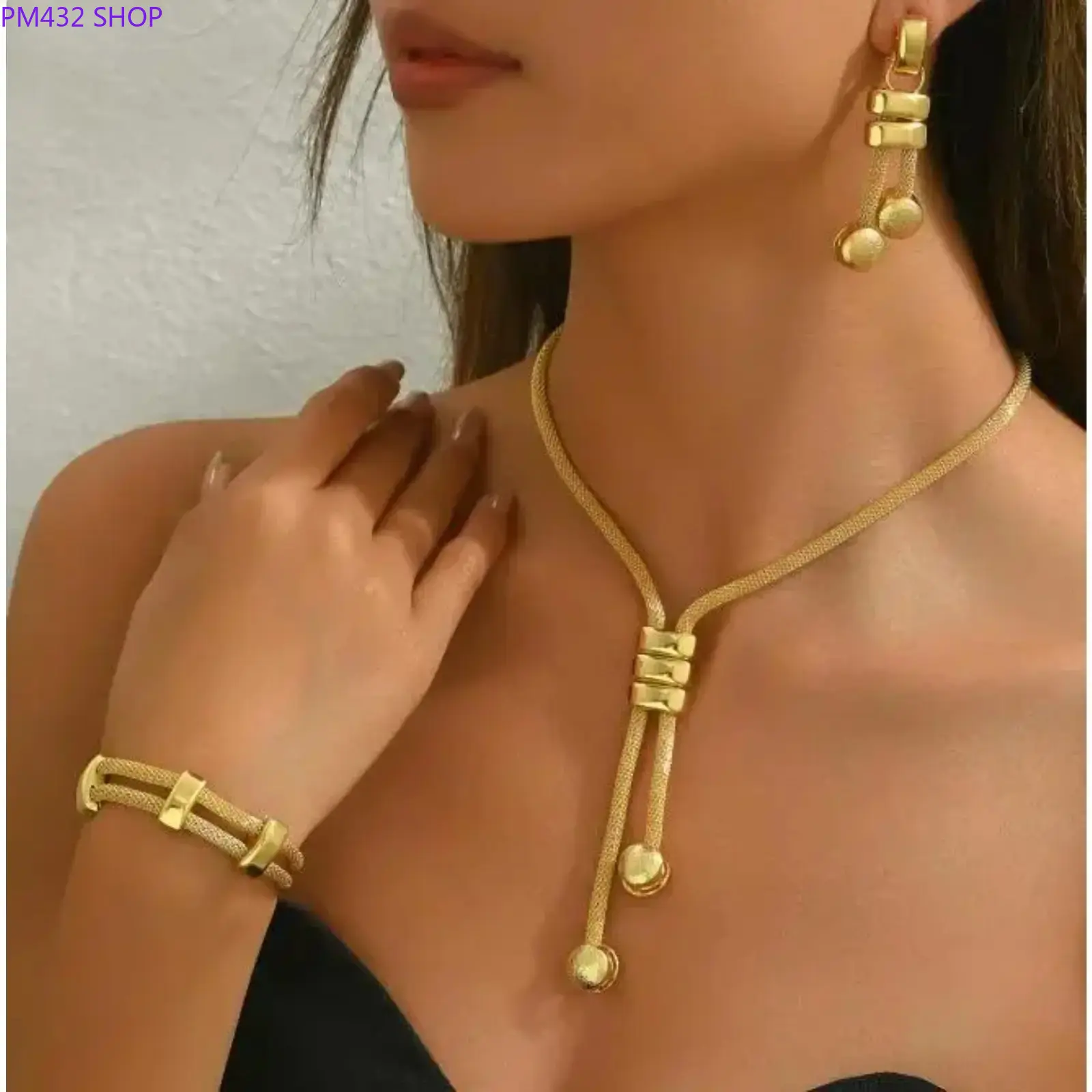 18K Gold Plated Jewelry Set, Double Layer Necklace with Geometric Tassel Earrings and Woven Chain Bracelet, Elegant Matching Fashion Accessories for Women, Daily Wear and Party
