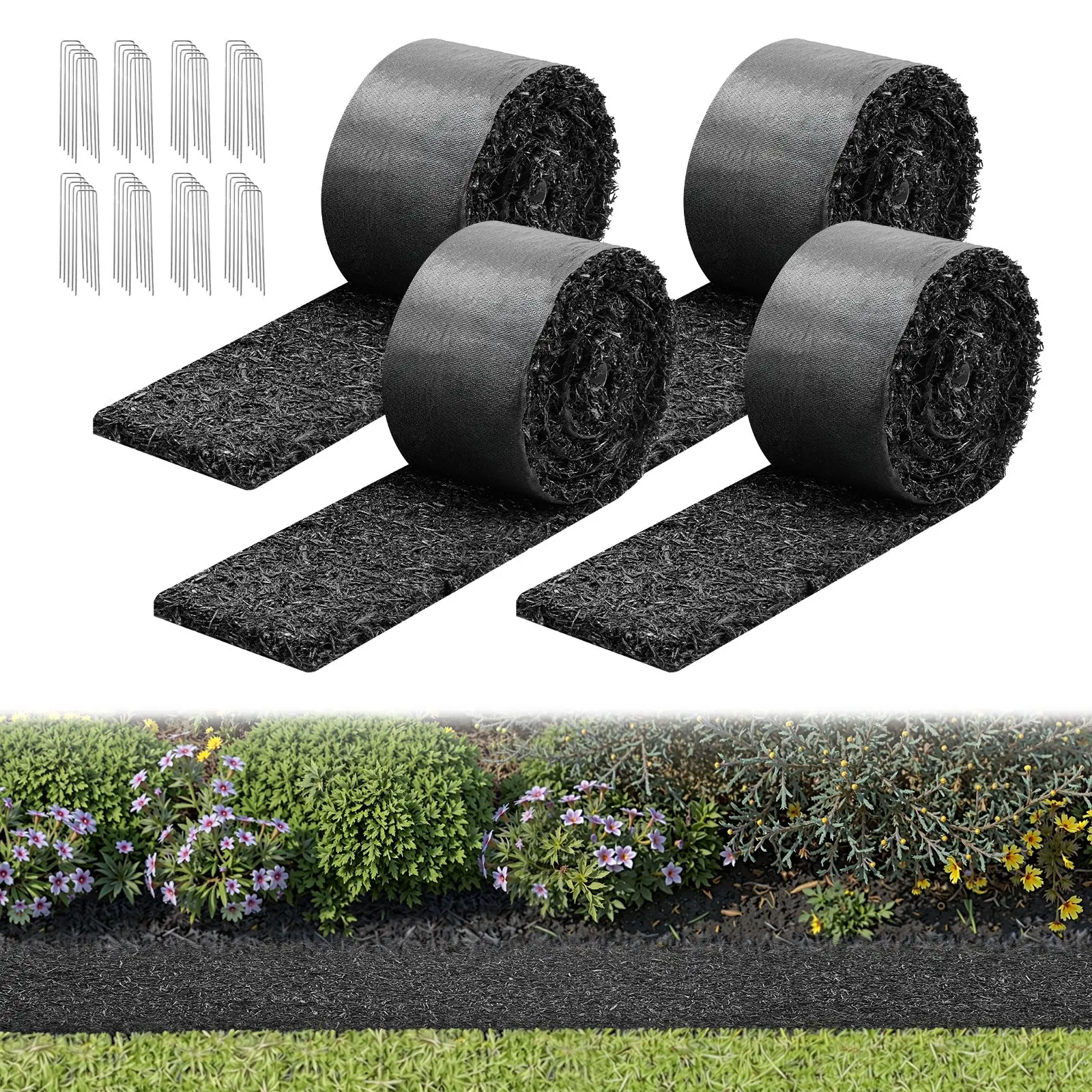 VEVOR Rubber Mulch Mat Roll, 4 Rolls 120 x 4.5 in, Recycled Rubber Permanent Mulch Edging Border, Natural-Looking Flower Barrier with Stakes, 0.5 in Thick Cuttable Garden Edgings for Landscaping
