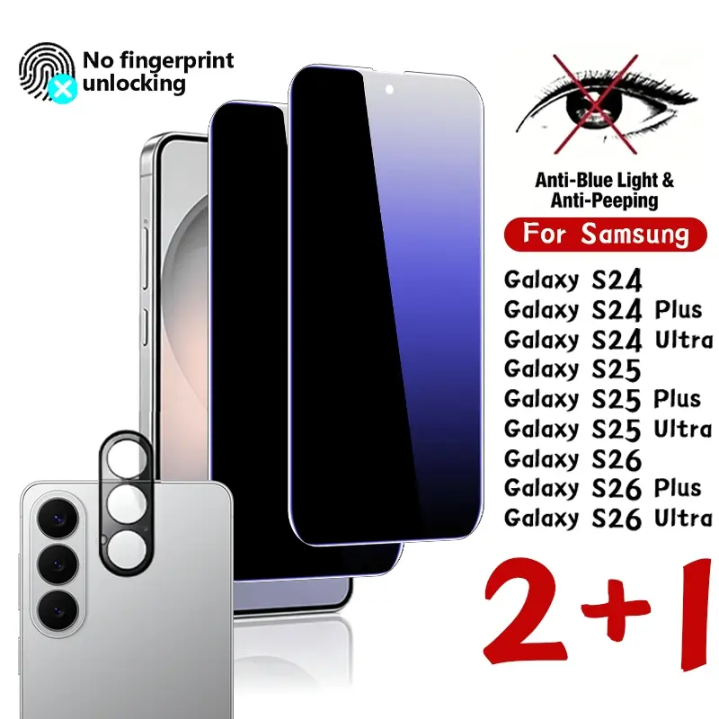 2+1 Combo Anti‑Blue‑Light & Anti‑Peep Full Coverage Glass Screen Film & Camera Lens Protector for Galaxy S24/S24 Plus/S24 Ultra/S25/S25 Plus/S25 Ultra/S26/S26 Plus/S26 Ultra, 9H Hardness, Easy Installation,Scratch‑Resistant & Wear‑Resistant
