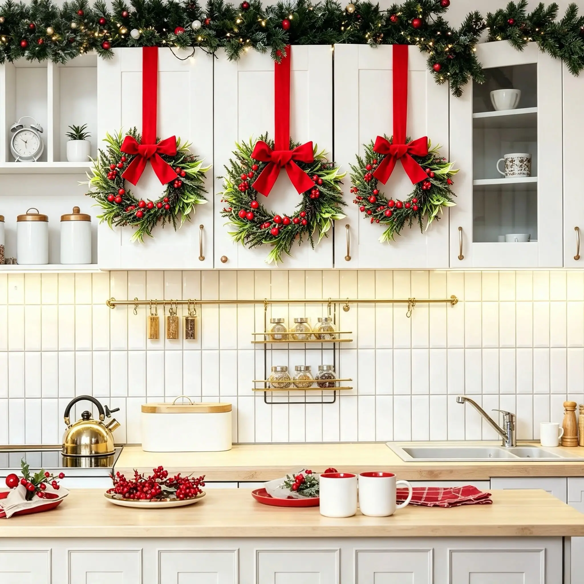 3 Piece 6 Inch Christmas Mini Cabinet Wreaths with Faux Bow, Berry Small Window Wreaths for Door Windows Farmhouse Decor