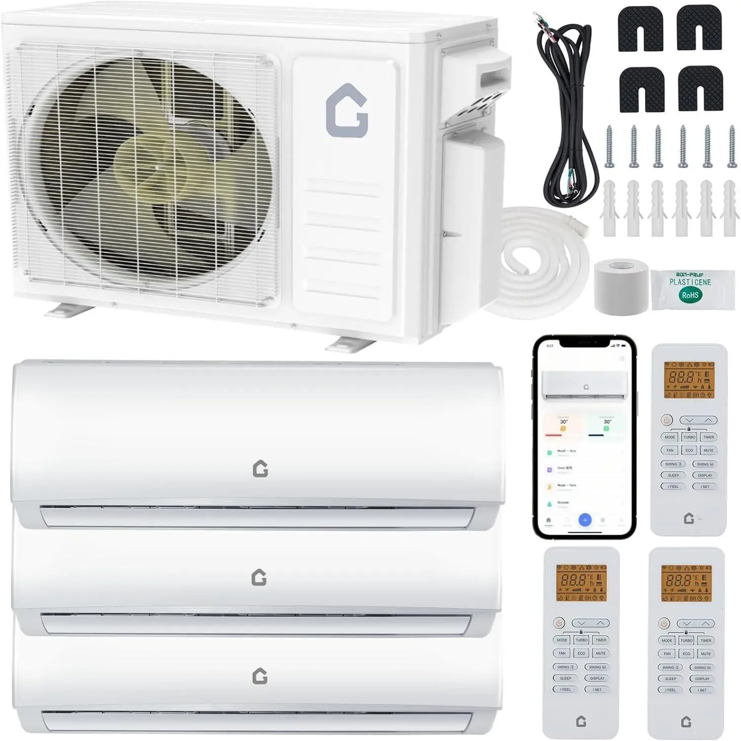 Garvee 35000 BTU Mini Split AC/Heating System 12K/12K/12K, 19 SEER2 208-230V 3 Zone Ductless Wall Mounted Air Conditioner with Heat Pump, Pre-Charged Condenser and Line Set, Cools Up to 2500 sq.ft