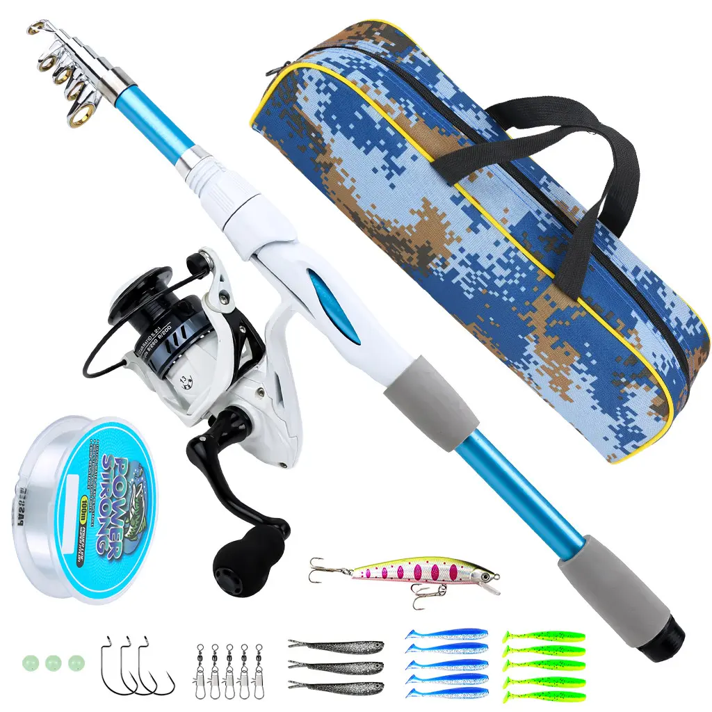 Portable Telescopic Fishing Rod Set, Fishing Combo, Blue, Reel Included, Full Accessories, Portable Fishing Gear Bag, Beginner Outdoor Fishing Equipment