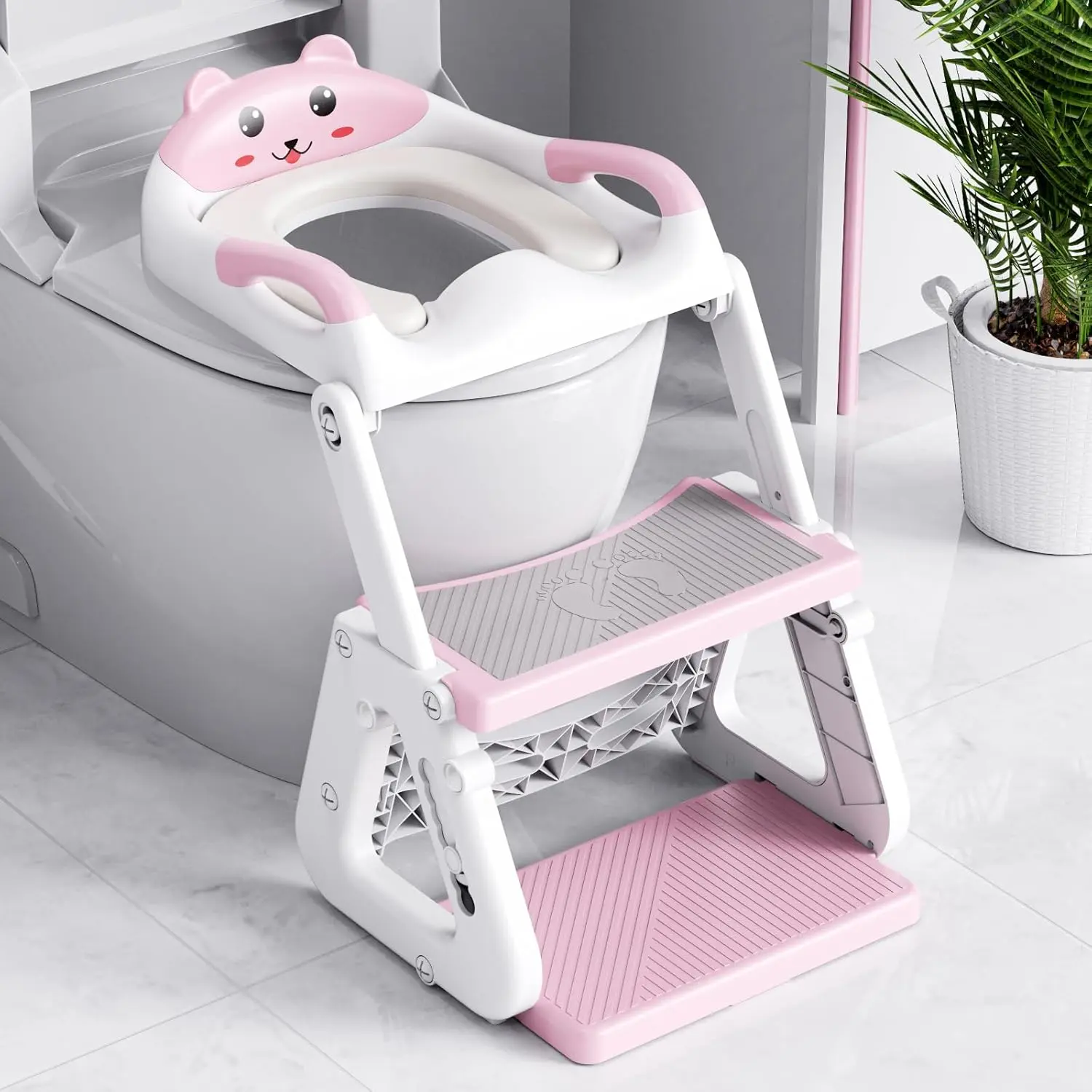 2-in-1 Potty Training Seat with Step Stool Ladder for Toddlers, 7-Height Adjustable, Splash Guard, Non-Slip, Stable Triangular Design, Fits Most Toilets, Pink (Baby & Maternity Use), No