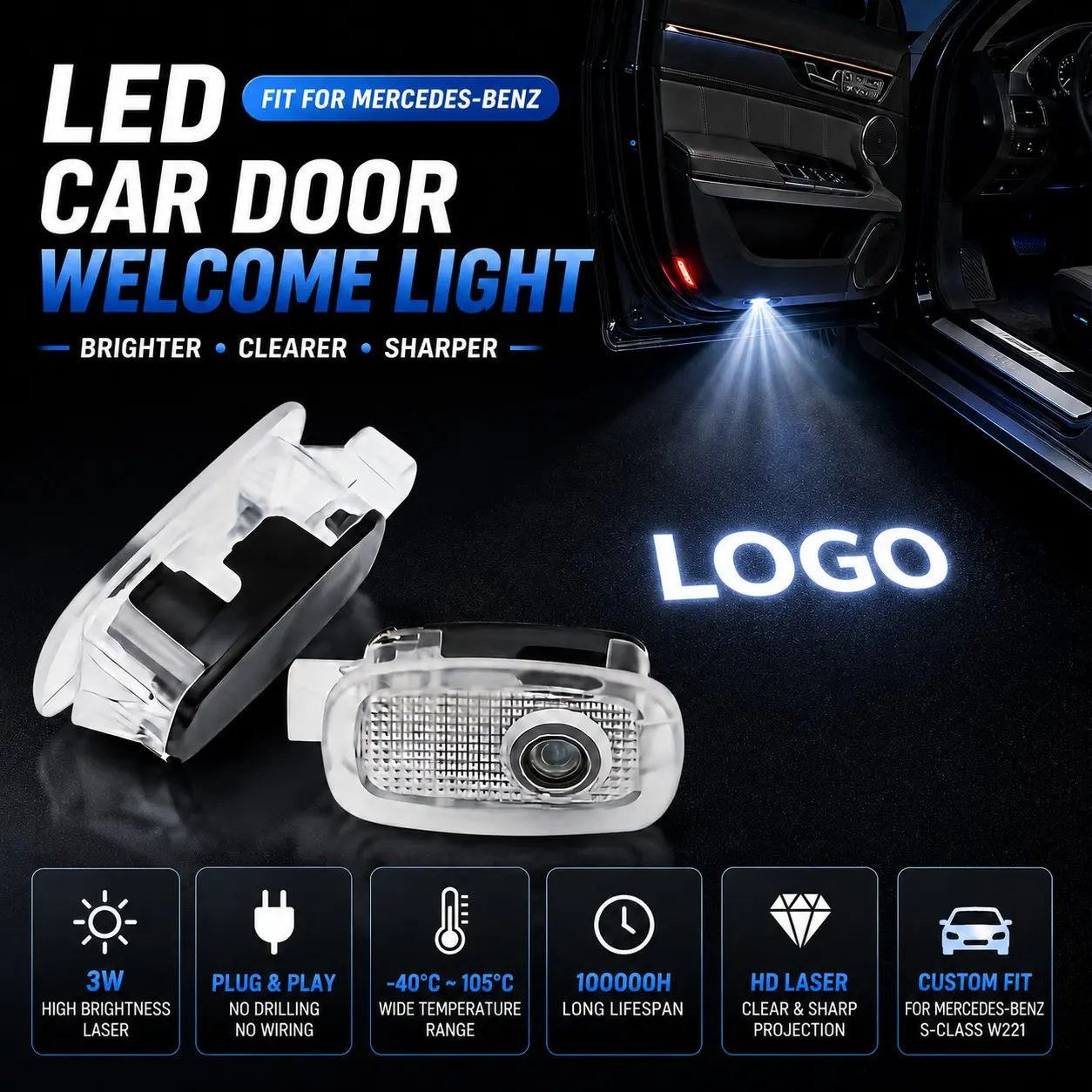 2Pcs LED Car Door Welcome Lights, Door Projector Lights | Fit Mercedes-Benz S-Class W221 2006-2013 / CL-Class / V-Vito 3W Laser Projection Plug & Play No Drilling -40°C to 105°C Durable Up to 100000H Lifespan Custom Fit