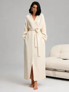 Women's Thick Double-Faced Velvet Sleepwear, Fall & Winter Warm Long Vneck Bathrobe, Soft Skin-Friendly No Shedding, Outer Wear Plush Pajamas, Loungewear, Womenswear