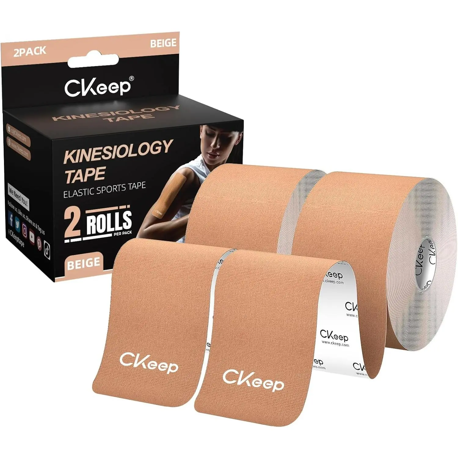 Kinesiology Tape, Uncut Premium Elastic Athletic Tape 2 Rolls, Beige | Original Cotton Latex Free Kinetic Tape, Breathable & Waterproof Sports Tape for Muscle and Joint Support, 2inch x 16ft