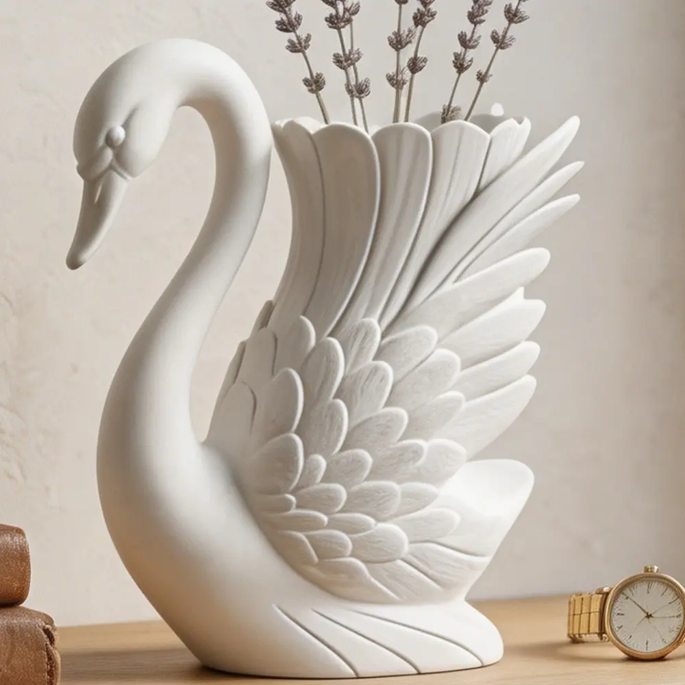 [Swan Vase Decor] Bohemian Swan-Shaped Vase with Feather Texture - Matte Plastic Cylinder Flower Vessel Suitable for Dried Lavender Bouquets, Modern Tabletop Centerpiece for Shelf Decor, Bedroom, Bathroom, Entryway - Elegant Swan Vase for Home Decora