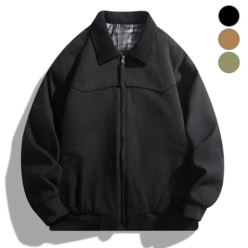 New Trendy Casual Long Sleeve Outer Jacket for Men, Vintage Workwear Contrast Lapel Zip Up Loose Coat, Oversized Plus Size Outerwear for Daily Street Wear