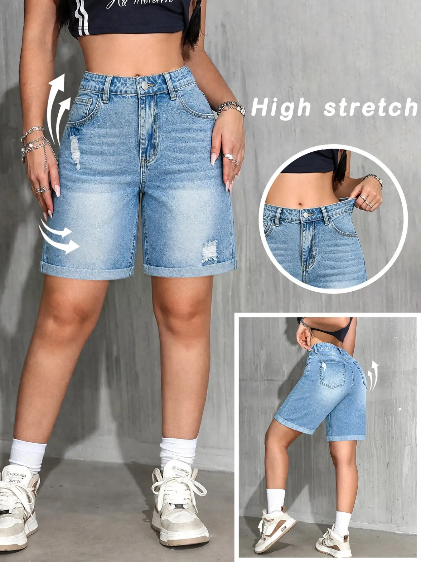 Light Blue Washed High Waist Ripped Denim Bermuda Shorts Women, Loose Fit Straight Leg, Casual Chic Summer Everyday Streetwear, Versatile Fashion Pants