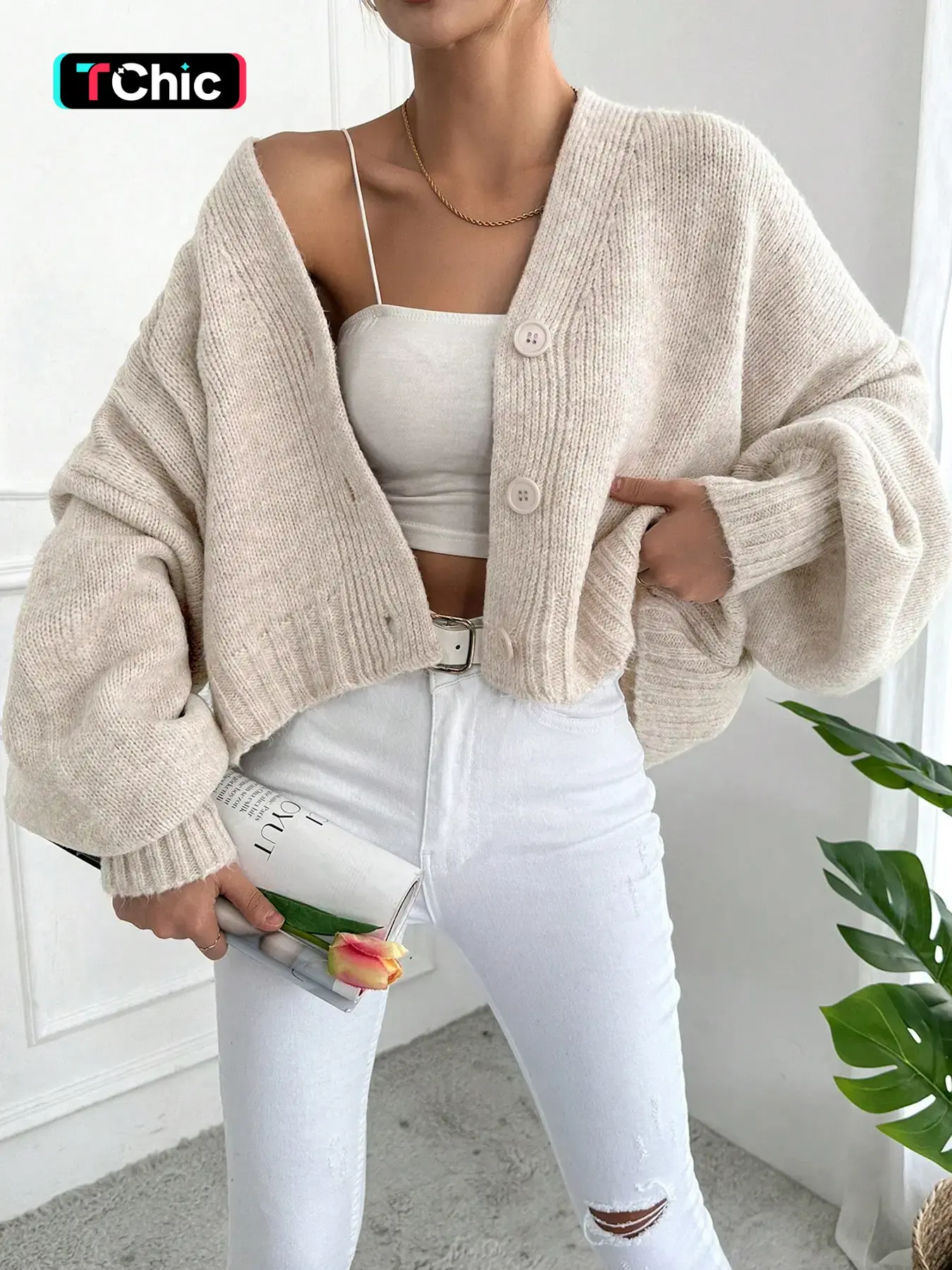 Women's V Neck Lantern Sleeve Sweater, Casual Baggy Loose-Fit Knitted Cardigan, Fall & Winter Fashion, Plain Color, One Button Design, Knitwear, Tops