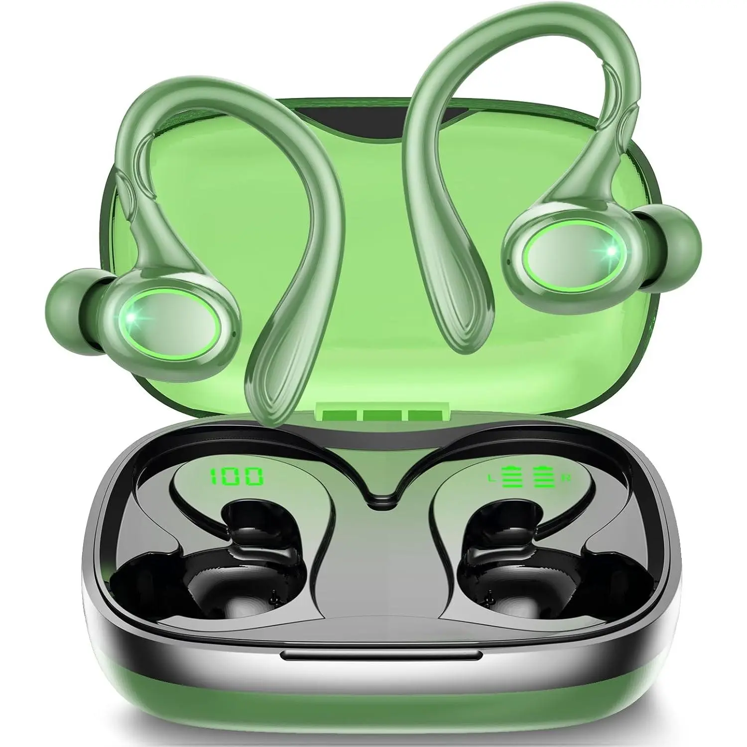 Wireless Earbuds, 60H Playback Bluetooth 5.3 Headphones, Noise-Cancelling Wireless Headphones with LED Battery Display, Clear Call with Microphones, IPX7 Waterproof Bluetooth Earbuds for Workout Sports (GREEN)
