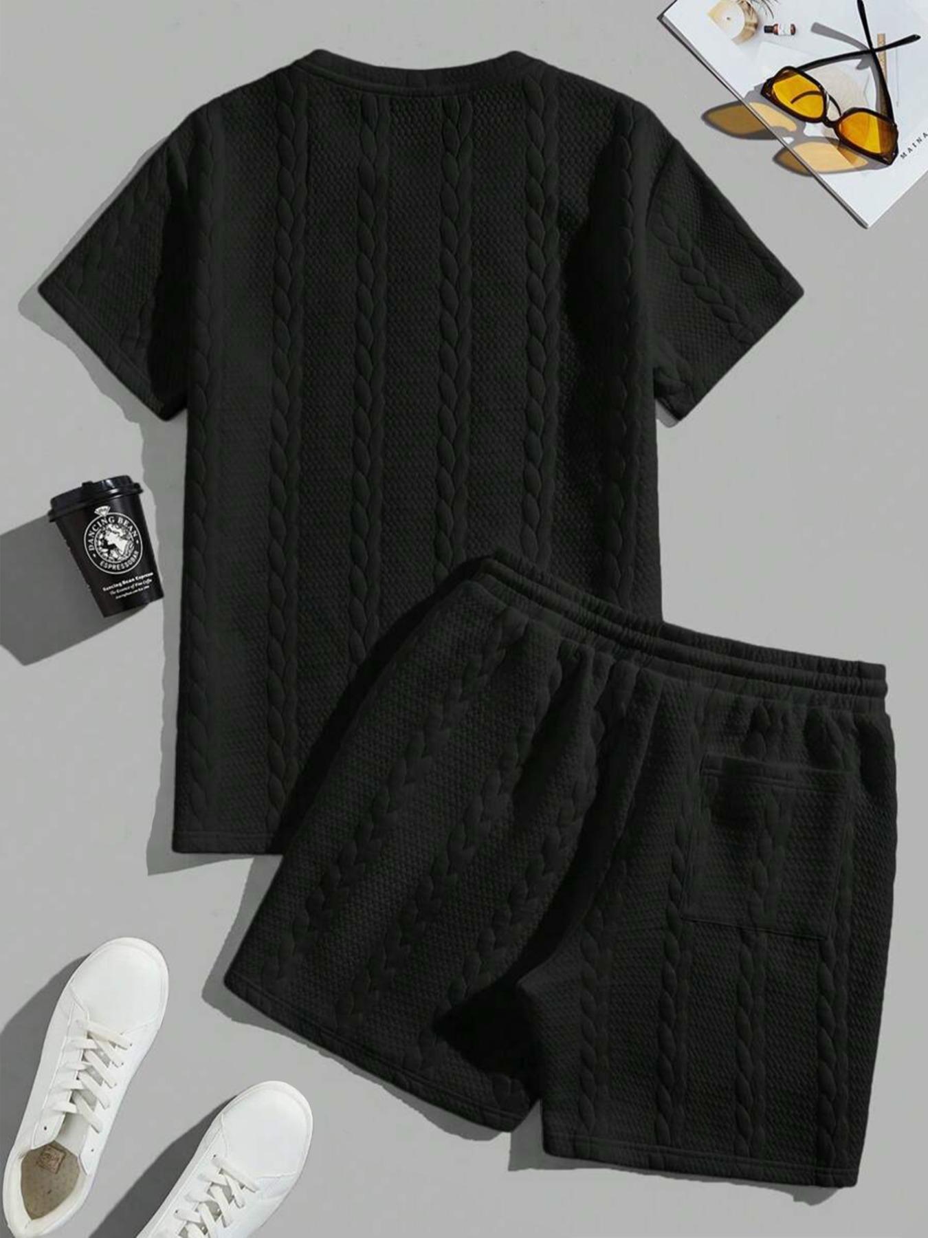 Men's Solid Textured Patched Tee & Drawstring Waist Shorts Set, Regular Fit Round Neck Short Sleeve T-Shirt & Pocket Shorts, Men's Summer Casual Outfit Set