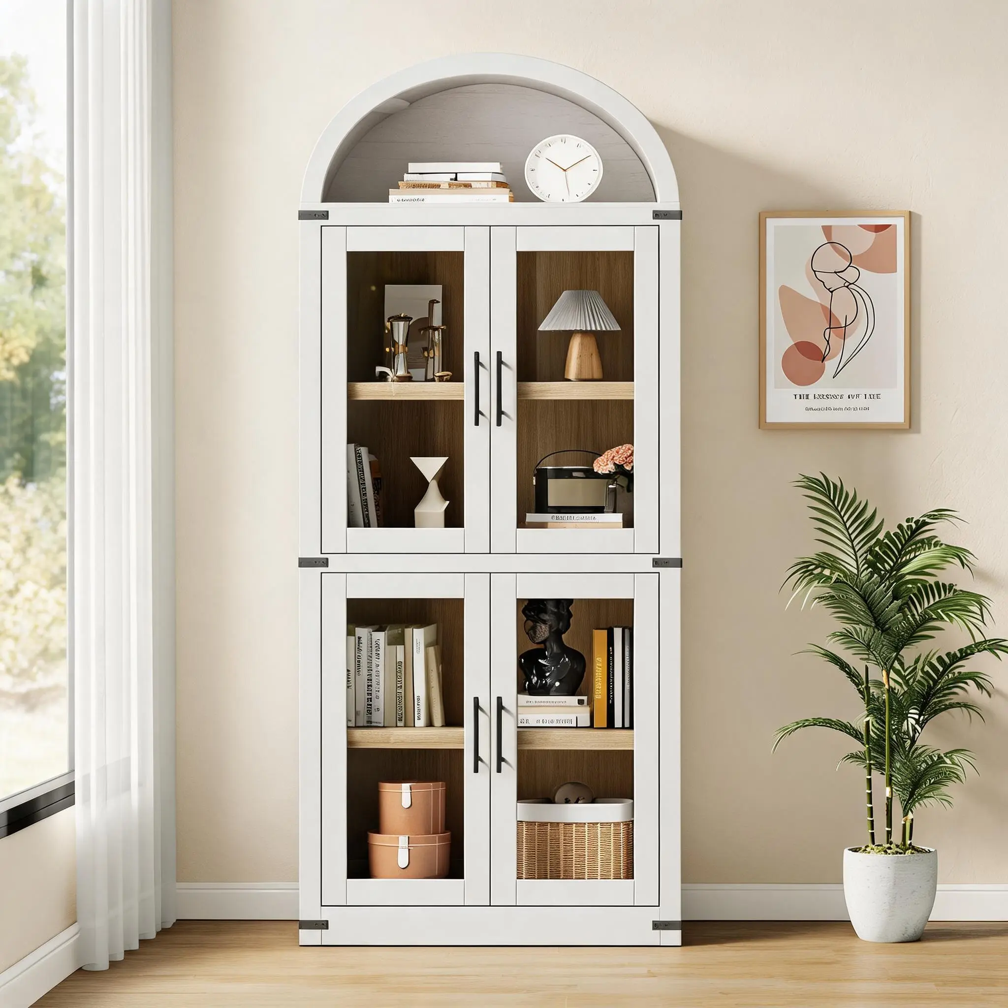 Modern Farmhouse Arched Bookcase with Doors, 72" Tall Freestanding Storage Cabinet, 4-Tier Slim Heavy-Duty Bookshelf Display Organizer for Home Office/Living Room