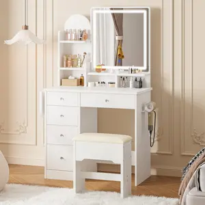 LIKIMIO Vanity Desk with Mirror & LED Light, Makeup Vanity Table with 5 Drawers, Power Outlet, and Vanity Stool, 3 Lighting Colors, Dressing Table for Bedroom