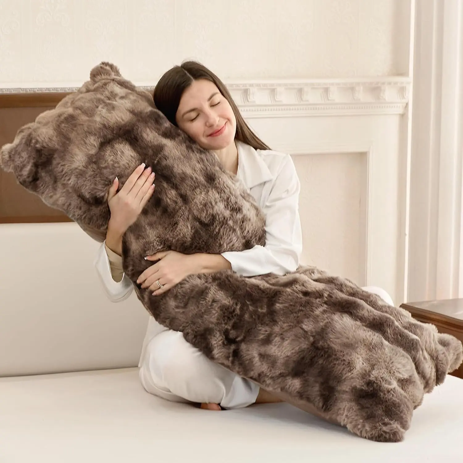 Fluffy Faux Fur Body Pillow for Adults, 20x54 in Shredded Memory Foam Pillow, Adjustable Support for Side Sleepers, Gift Idea, Brown