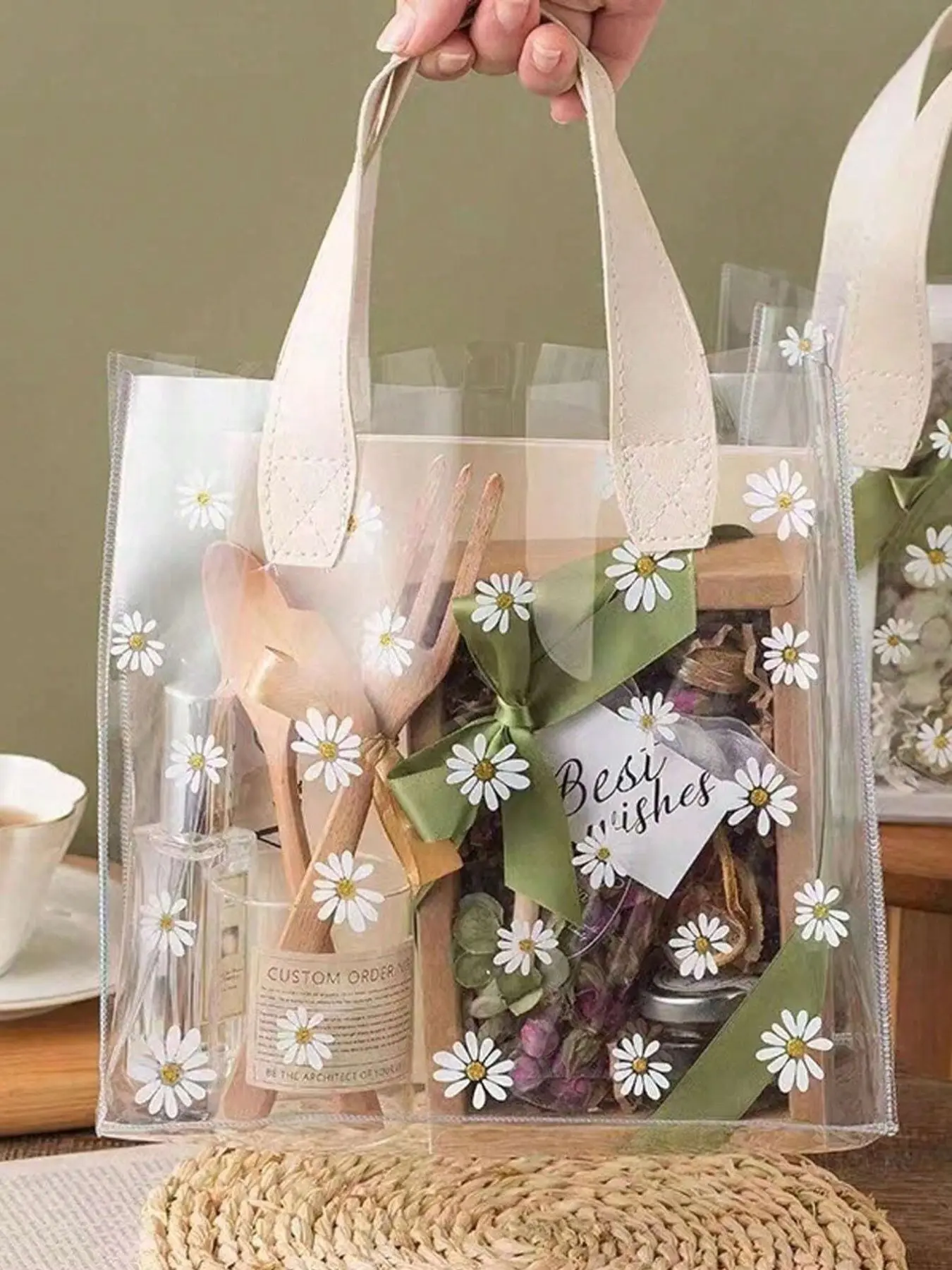 Mini Daisy Print PVC Transparent Handbag, Festival Gift Bag, Wedding Gift, Mother's Day Gift, Travel, Shopping, Concert, Sports Event