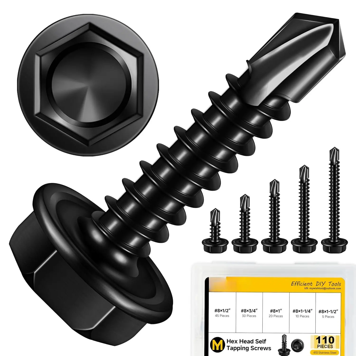 410 Stainless Steel Self Tapping Screws for Metal, 110 count #8 Hex  Self Drilling Screws  Kit, Length 1/2" to 1-1/2", Black Oxided Sheet Metal Screws