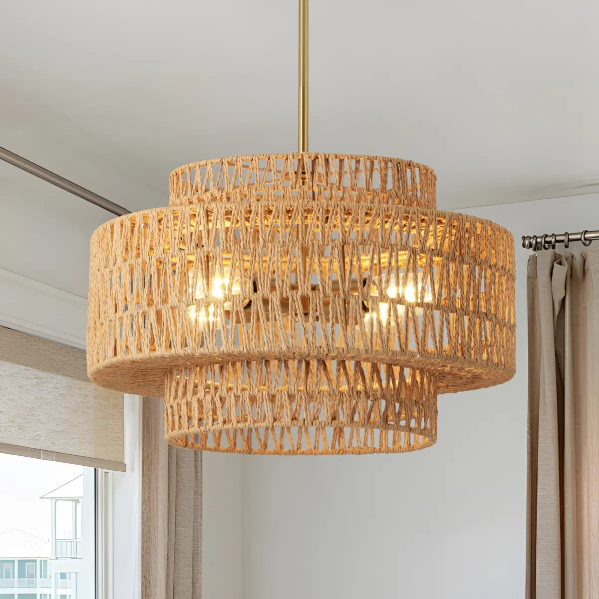 Aobtkel17.7" Boho Rattan Chandelier for Dining Room Light Fixture, 4-Light Hand Woven Wicker Pendant Light Fixture, Farmhouse Rustic Hanging Chandelier for Dining Room, Kitchen Island, Living, Bedroom