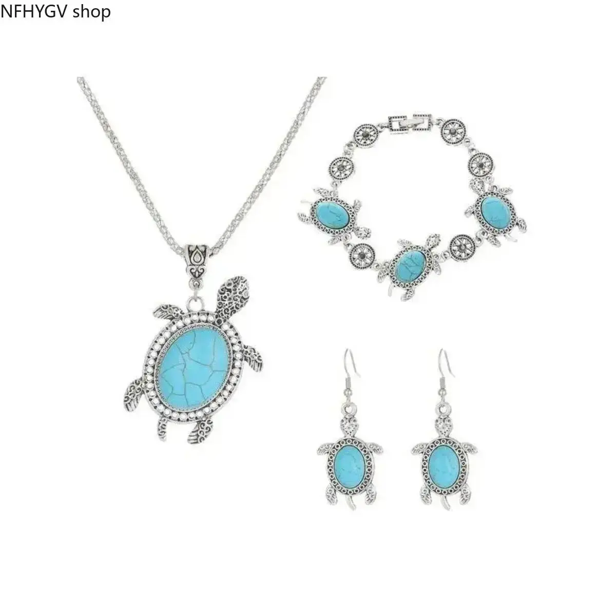 Women’s Boho Turquoise Turtle Jewelry Matching Set Contains Necklace, Bracelet And Earrings With Classic Turquoise Inlaid Turtle Motifs, Lightweight Bohemian Statement Accessory Suitable For Daily Sports And Outdoor Travel Styling