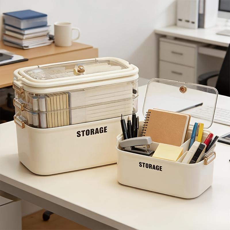 Multi-layer Stackable Desktop Storage Box, Transparent Drawer-style Storage Box, Office Stationery Organizer with Lid, Plastic Cosmetic and Jewelry Storage Box, Cream White.