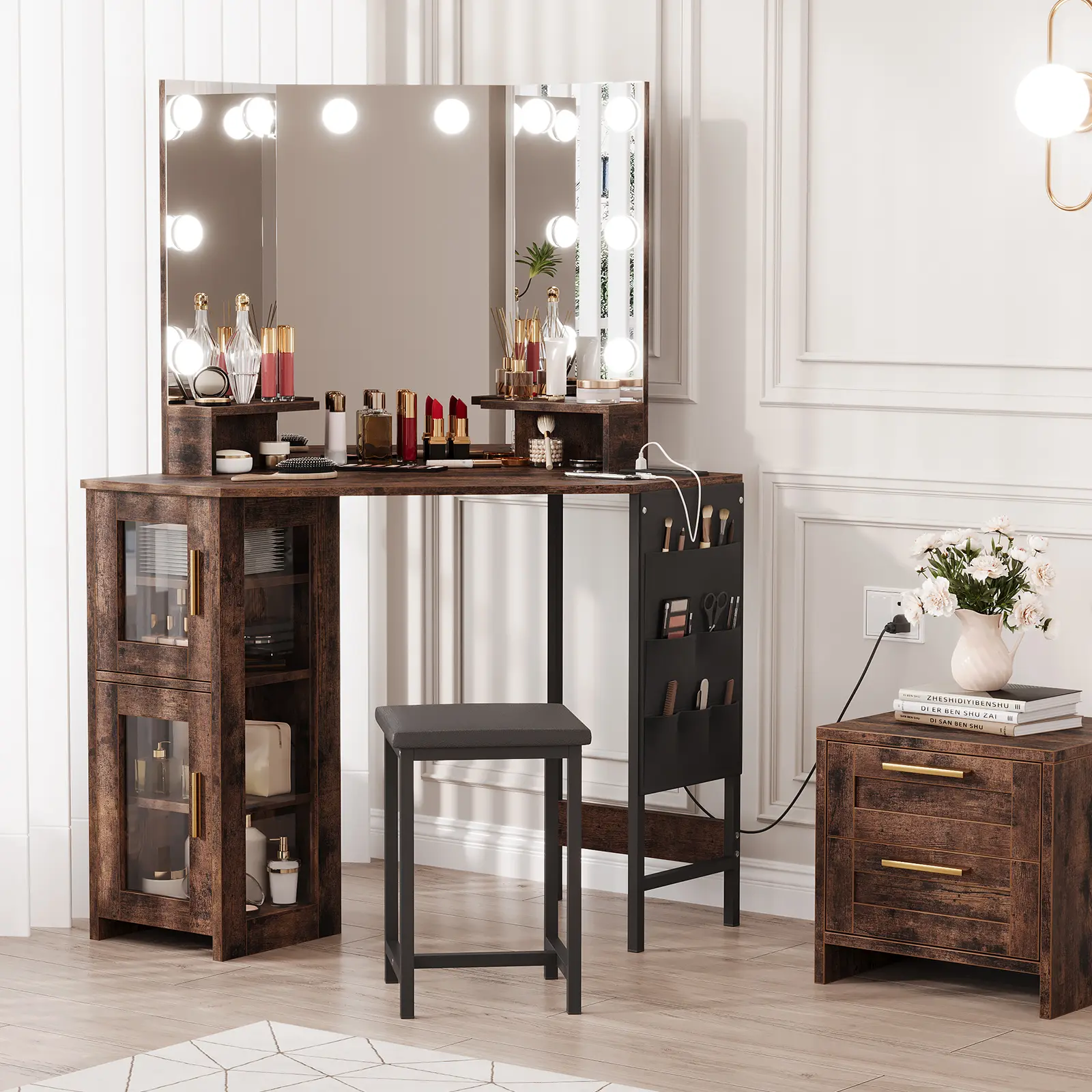 Modern Corner Vanity Desk and Stool Set - LED Lighted Mirror, Charging Station, Storage Cabinet, Space-Saving Makeup Table for Bedroom