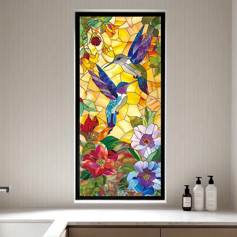 2D Flat - 2D Flat - 1pc of 2D Flat PVC Stained Glass Window Film Featuring a Hummingbird, Measuring 17.7 by 39.4 Inches. This No-Glue, Heat-Resistant, Removable Design Is Suitable for Living Room Windows, Bathroom Frosted Glass, Sunrooms, Skylights