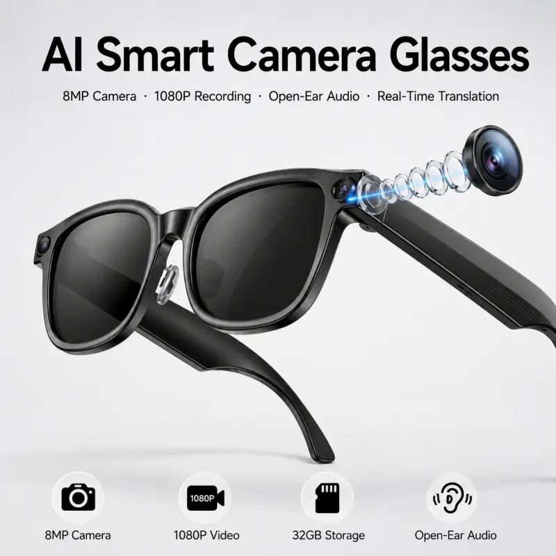 AI Smart Camera Glasses with 8MP HD Camera, 1080P Video Recording, Real-Time Translation, Open-Ear Audio, 32GB Storage, Magnetic Charging Smart Eyewear, Wearable Tech Glasses