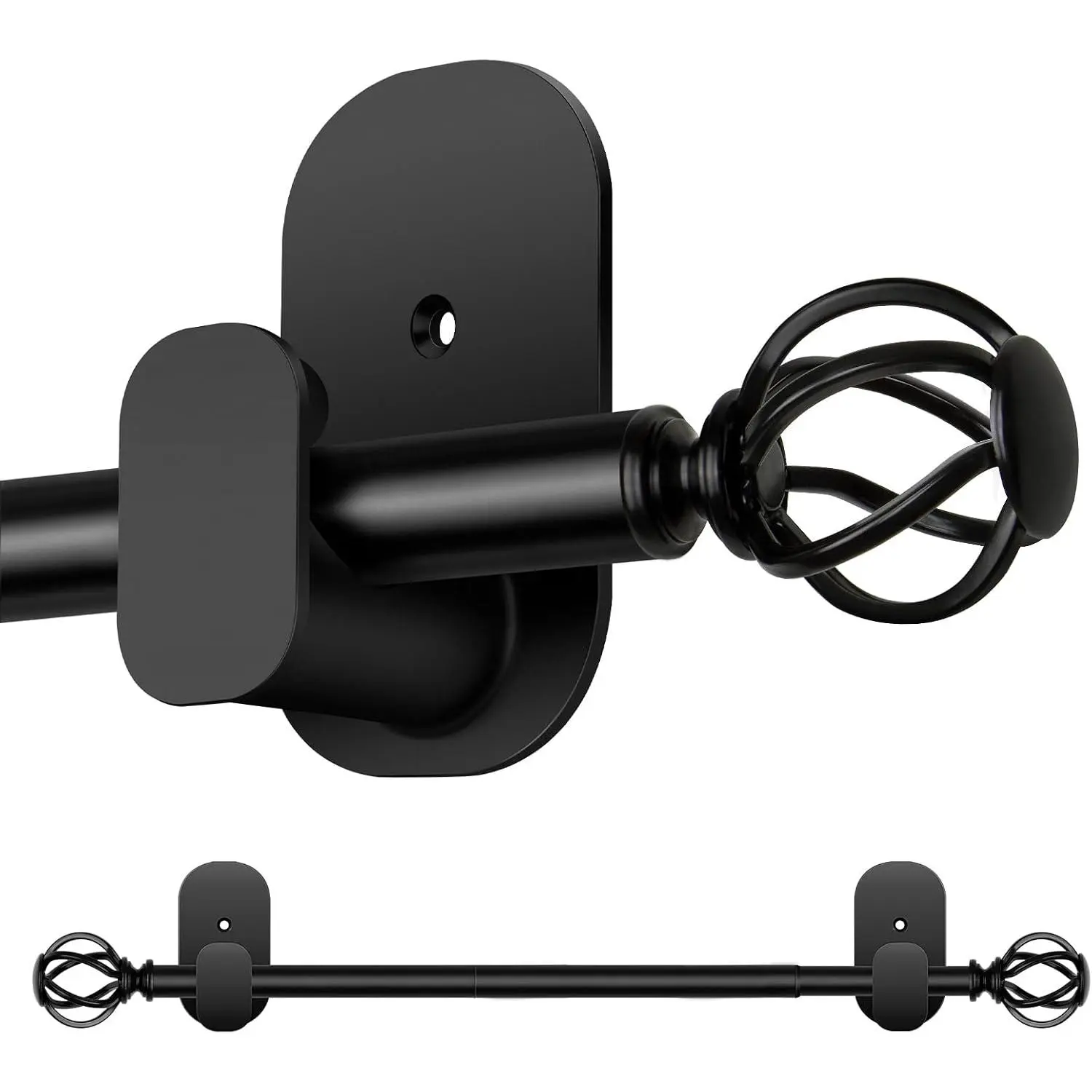 Curtain Rods No Drilling 32 to 43 Inch, 5/8 Inch Diameter No Drill Drapery Rod Set with Adhesive Brackets and Twiested Cage Finals, Bedroom Apartment Renter Friendly, Black