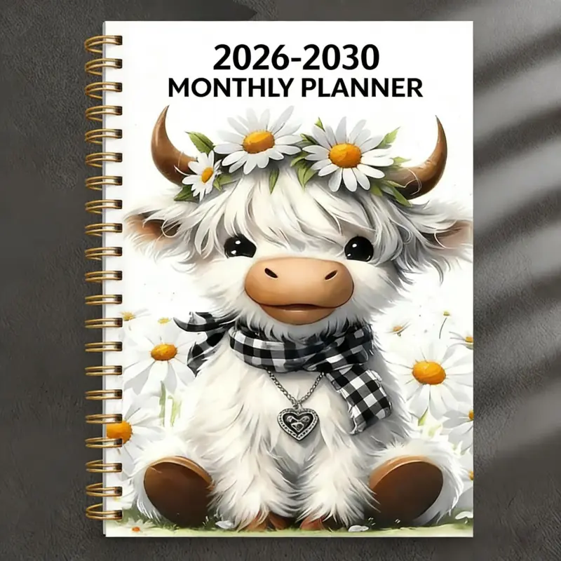 2026-2030 Monthly Planner/Calendar - January 2026 to December 2030, 5-Year Monthly Planner, White Cartoon Highland Cow Cover Design Notebook, Yearly Calendar Planning, Monthly Tabs, 60-Month Calendar, 5.5 x 8.3 inches, Thick Paper, Elastic Cover, Durable