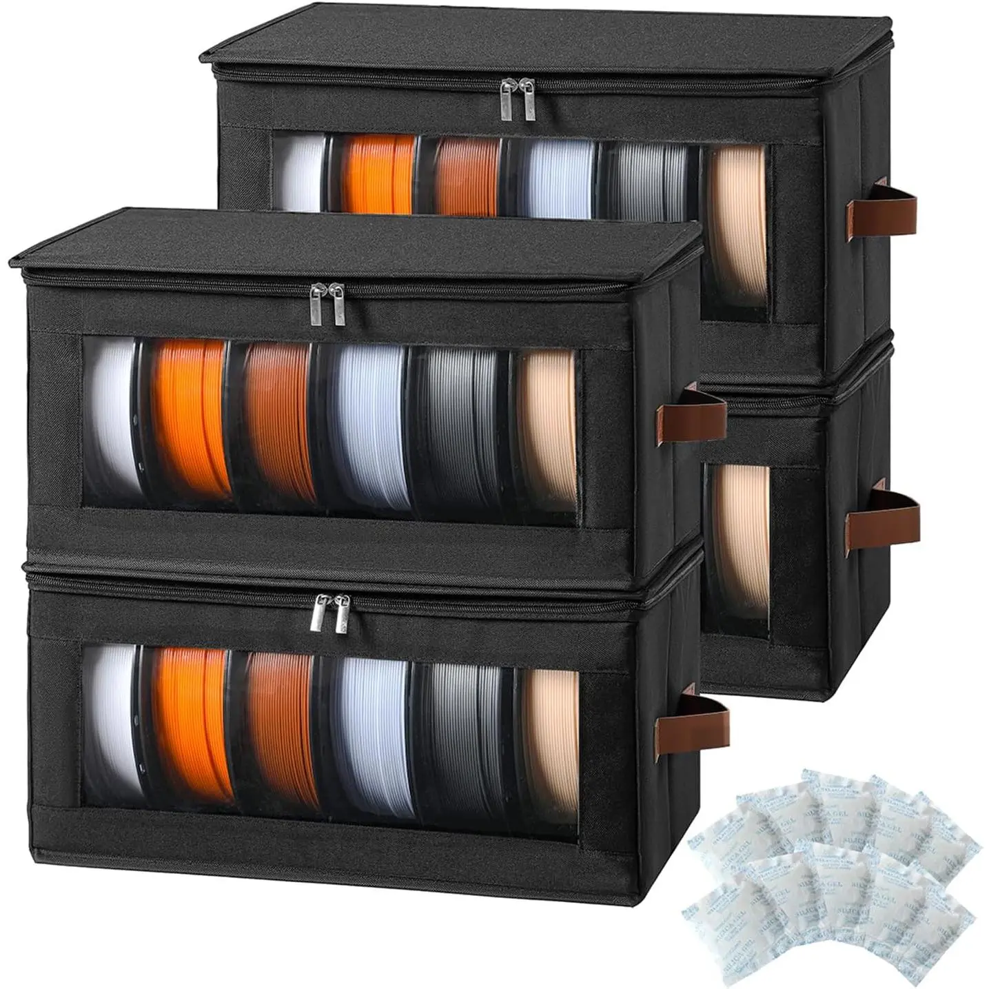 4-Pack 3D Printer Filament Storage Box Organiser Set with Desiccants, Holds Up to 24 Rolls, Accessories Holder Rack for Office Workshop, Home Supplies Storage Bin