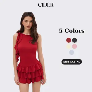 Cider Boat Neck Ruched Ruffle Hem Layered Micro Romper