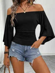 One-Shoulder Bell Sleeve Top, Busty Style Side Waist Drawstring, Summer Slimming Off-The-Shoulder Short Top, Casual Plain Fit