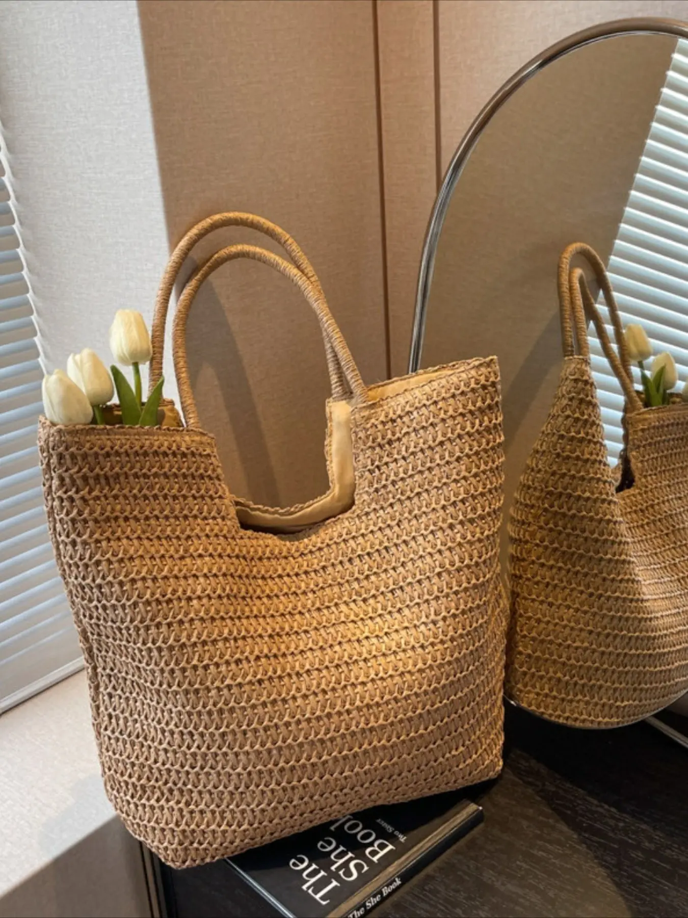 Large Capacity Straw Beach Bag, Woven Tote Bag, Braided Tote, Casual Handbag for Vacation, Short Trip, Shopping, Camping, Island Travel, Daily Use