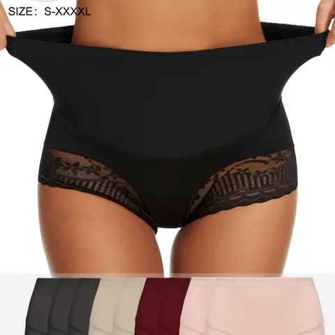 Women's High Waist Elastic Lace Breathable Panty Underwear, Solid Color Sexy & Elegant Briefs For Daily Wear All Season, Multiple Sizes S-XXXXL