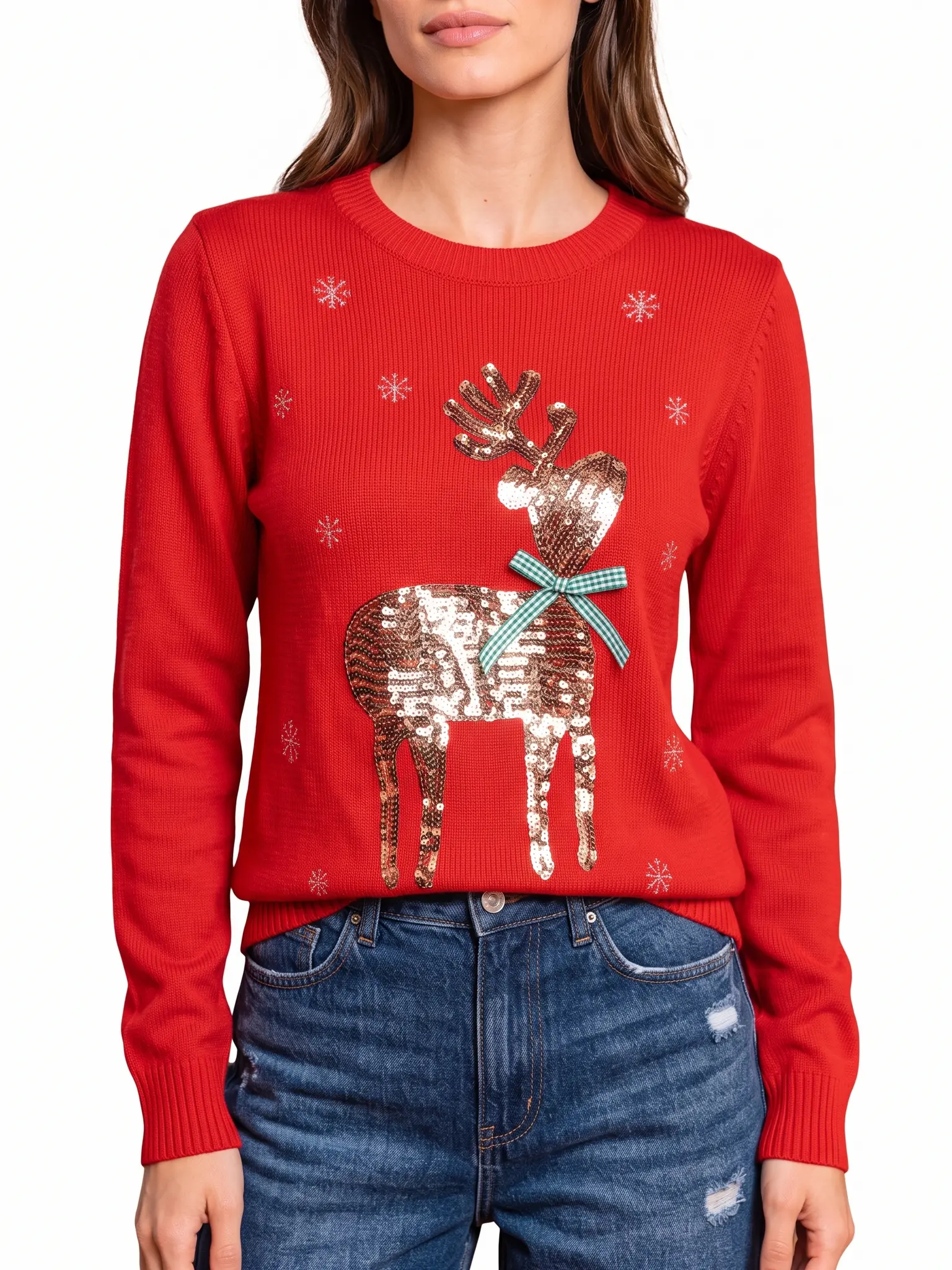 Women's Loose Traditional Sequin Reindeer Knit Pullover Top, Casual Knitwear for Christmas Parties, Holiday Wear