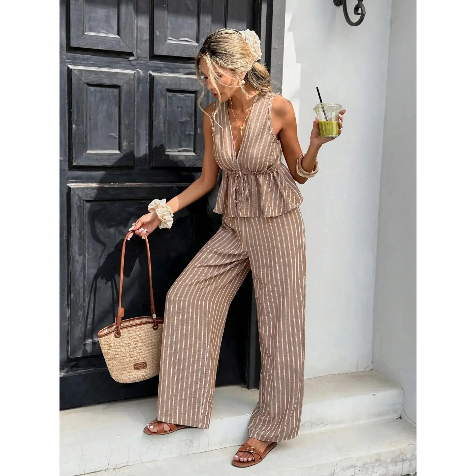 Women's Striped Tie Waist Sleeveless Shirt + Long Pants Set, Vintage Casual, Linen-Like Fabric, Comfortable Commuter