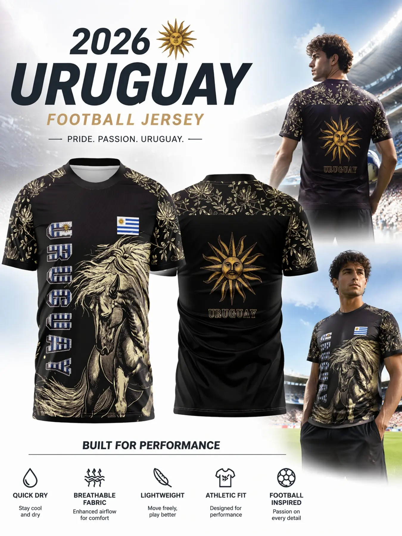 2026 Uruguay Soccer Short Sleeve Jersey, Mesh Tropical Print, Quick-Dry Breathable Lightweight Sporty Fitted Tee, Ideal for Fans Training Matches