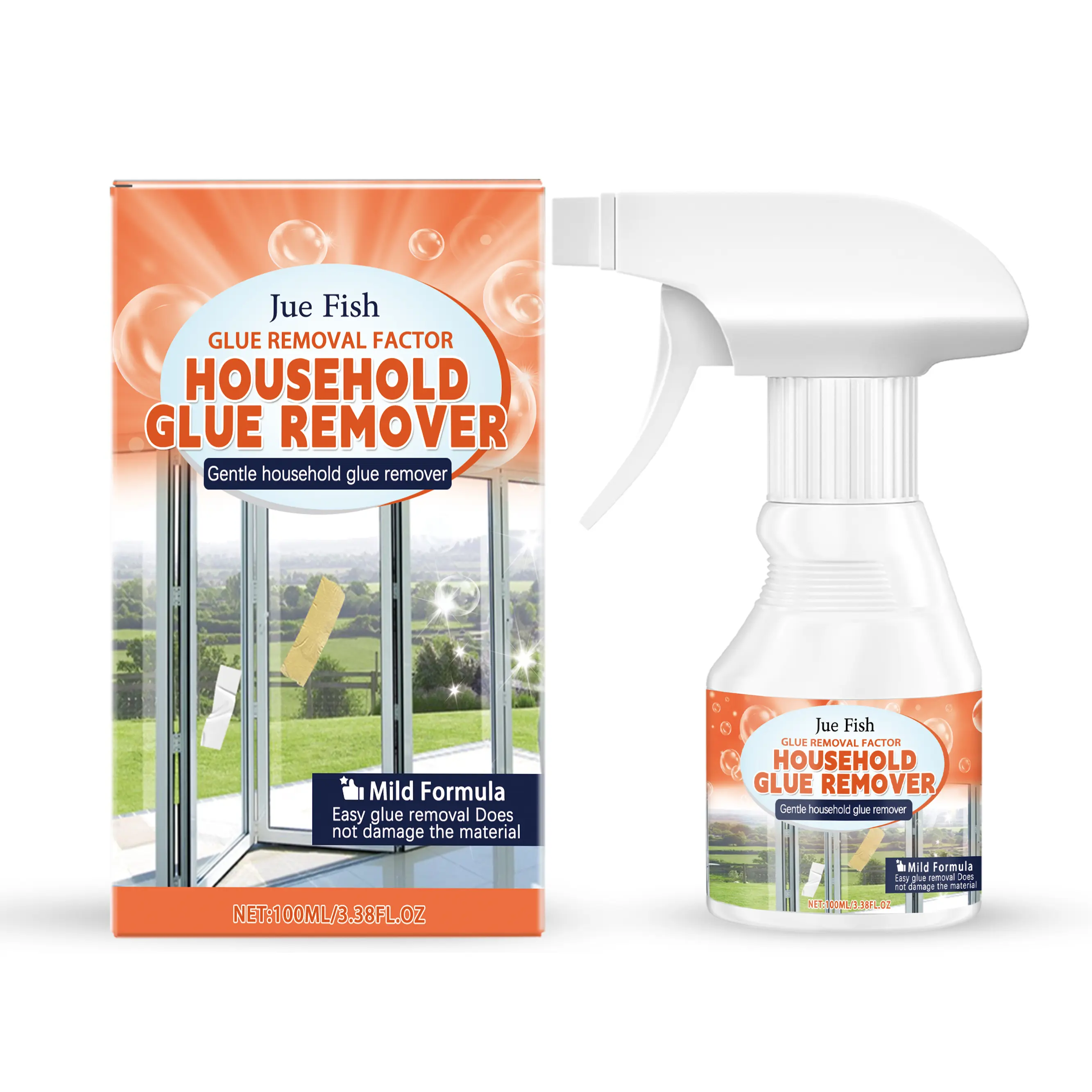 Jue Fish 100ml (3.38 fl oz) Spray-Type Mild Adhesive Cleaner, Household Sticky Residue Remover with Disodium EDTA & Sodium Bicarbonate for Home/Office Surfaces