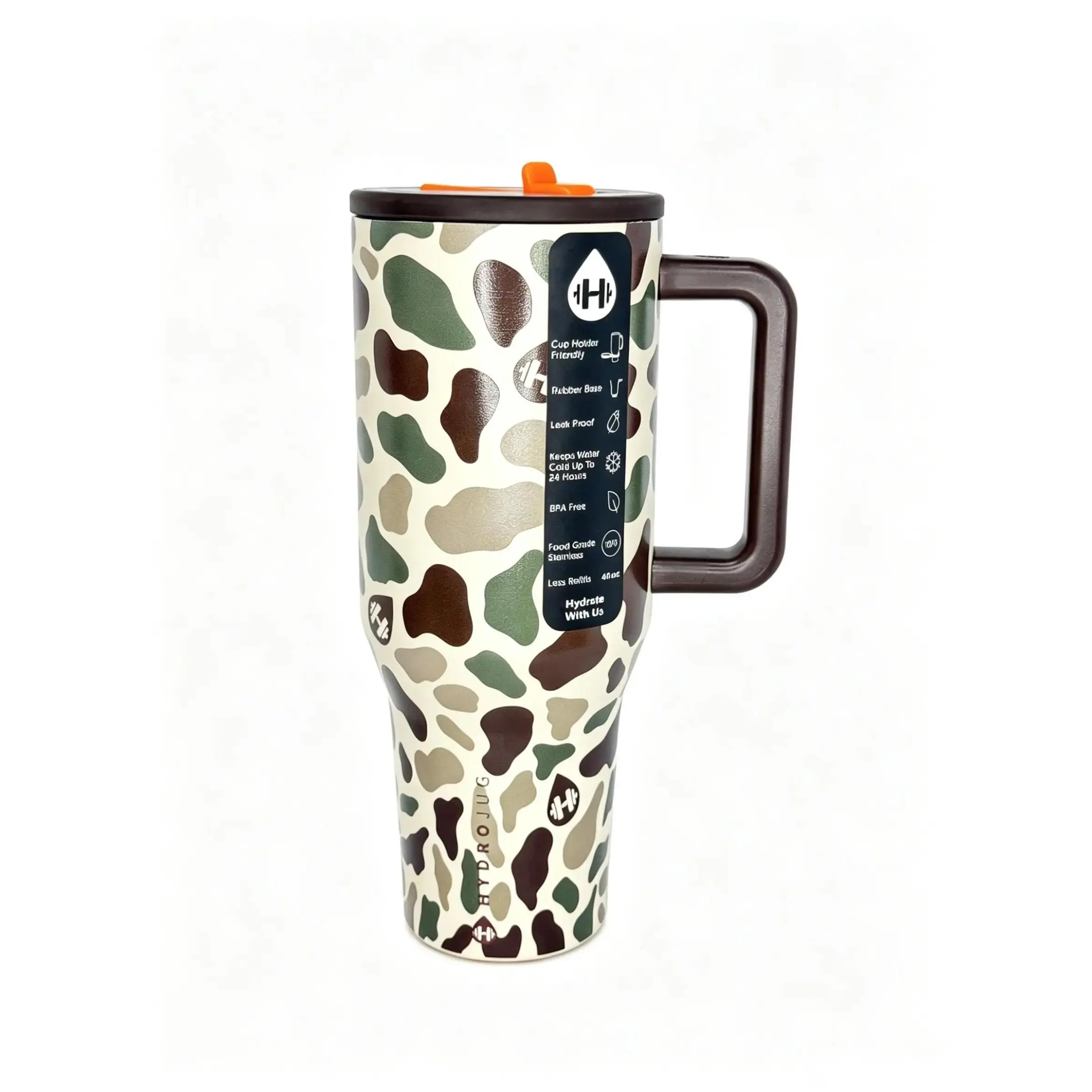 HydroJug 40oz Camo Print Insulated Stainless Steel Tumbler - Leakproof, Handle & Straw Included, 24hr Cold Retention, Car Cup Holder Friendly Travel Drinkware for Iced Coffee (Home & Party Gift Supplies), Default